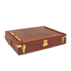 A RED VUITTONITE STACKABLE CAR TRUNK WITH BRASS HARDWARE