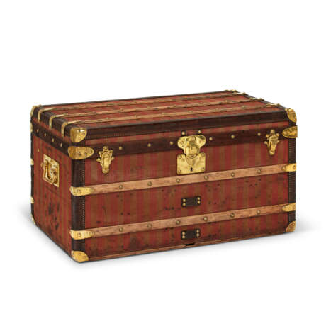 A RED & BEIGE STRIPED CANVAS COURRIER 80 TRUNK WITH BRASS HARDWARE - фото 1