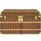 A BROWN & BEIGE STRIPED CANVAS STEAMER 90 TRUNK WITH BRASS HARDWARE - photo 2