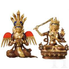 Zwei Bronzefiguren, Naga Kanya und Manjushri, Nepal, 20. Jhdt.