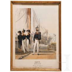 Russische Offiziere der Marine de la Garde, fein handkolorierte Lithographie, um 1840