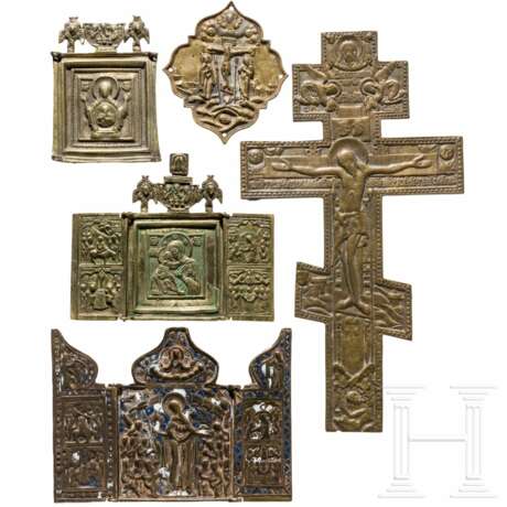 Bronze-Ikone, Applike, zwei Triptychen und Kruzifix, Russland, 18./19. Jhdt. - Foto 1