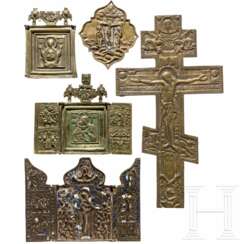 Bronze-Ikone, Applike, zwei Triptychen und Kruzifix, Russland, 18./19. Jhdt.