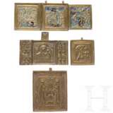Vier Bronzeikonen - zwei Triptychen, Zosima und Sawatii und Ikone mit seltenem Motiv "Der Heilige Niketas schlägt den Teufel", Russland, 18./19. Jhdt. - photo 1