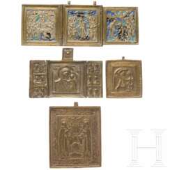 Vier Bronzeikonen - zwei Triptychen, Zosima und Sawatii und Ikone mit seltenem Motiv "Der Heilige Niketas schlägt den Teufel", Russland, 18./19. Jhdt.