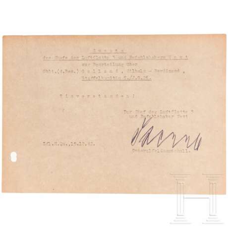 GFM Hugo Sperrle - signierter Zusatz zur Beurteilung von Wilhelm-Ferdinand Galland, 1942 - Foto 1