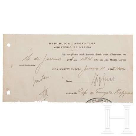 Korvettenkapitän (E) Robert Höpfner - signierter Urlaubsschein des Internierungslagers Isla Martin Garcia für Angehörige der "Graf Spee", 1942 - photo 2