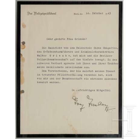 SA- und SS-OGruf Wolf-Heinrich Graf von Helldorff - signierter Beileidsbrief des Berliner Polizeipräsidenten, 1943 - фото 1