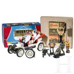 Mebanol-Schuco Mercedes Simplex-Wagen des Kaisers, Sonderserie 1888 - 1988, vier Figuren sowie Schachtel mit Elastolin Soldaten