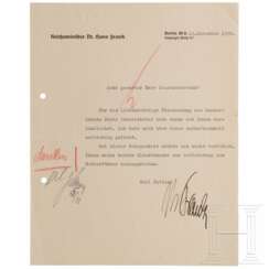 Reichsminister Hans Frank - signiertes Schreiben, vermutlich an Staatssekretär Otto Wächter, 1938
