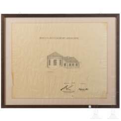 Roderich Fick - signierte Architekturzeichnung "Pavillon Moslanderkopf Obersalzberg" mit Gegenzeichnungs Martin Bormanns, 1936