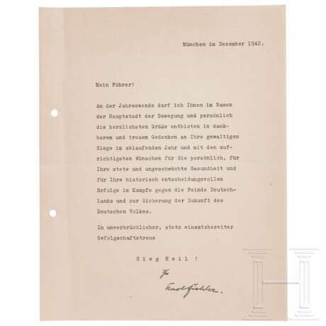 Karl Fiehler - signiertes Glückwunschschreiben an Hitler zum Jahreswechsel 1942/43 - Foto 1