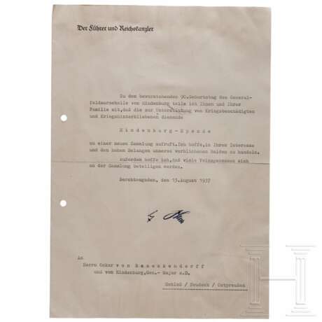 Adolf Hitler - signiertes Schreiben an Generalmajor Oskar von Hindenburg, 1937 - photo 1