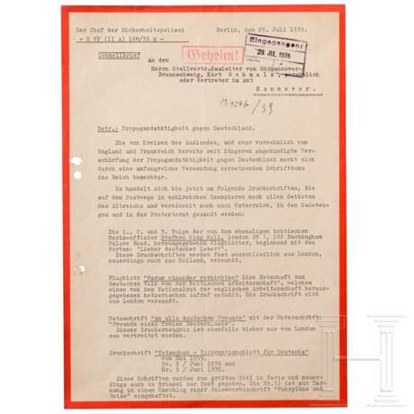 Autographen von Gen.Admiral Wilhelm Marschall und GFM Erhard Milch sowie "Geheim!"-Schreiben der Sipo von 1939 - Foto 4