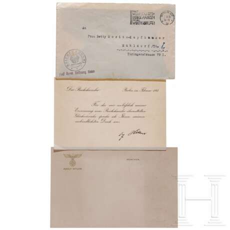 Betty Moritz - Danksagungskarte Hitlers für ihre Glückwünsche zur Ernennung zum Reichskanzler mit Kuvert, 1933 - фото 1