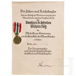 Medaille zur Erinnerung an die Heimkehr des Memellandes mit Urkunde