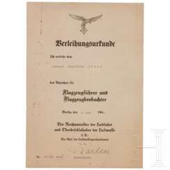 Verleihungsurkunde zum Abzeichen für Flugzeugführer und -beobachter vom 1.7.40