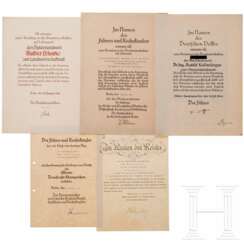Gruppe von fünf Urkunden, 1935 - 1944