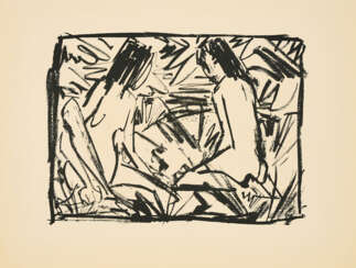 Otto Mueller. Ein sitzendes und ein kniendes Mädchen unter Blättern