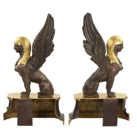 Une paire de b&ucirc;chers en bronze patin&eacute; et dor&eacute; se pr&eacute;sente en forme de sphinx ail&eacute;s. 19&egrave;me si&egrave;cle. Vergoldete Bronze Empire 19th century - Foto 4