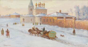 RUSSISCHE SCHULE Maler des 20. Jahrhundert Troika im Winter vor einer Kirche