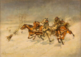 MITROFAN BORISSOWITSCH GREKOW 1882 Scharpajewka/ bei Rostow - 1934 Stawropol Vier Pferde mit Schlitten, von den Wölfen verfolgt