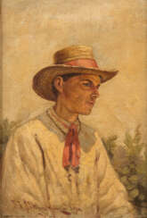 P. W. JAWTUSCHENKO Russischer Maler, tätig Anfang des 20. Jahrhundert PORTRAIT EINES MANNES MIT STROHHUT