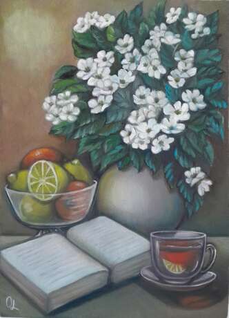 Evening reading with jasmine-lemon tea. Canvas on the subframe Oil painting натюрмлрт с фруктами Still life Ukraine 2024 - photo 1