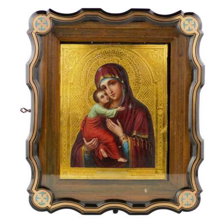 Icon of Our Lady of Vladimir at the turn of the 19th-20th centuries in an icon case. Wood gesso gilding tempera At the turn of 19th -20th century - photo 1