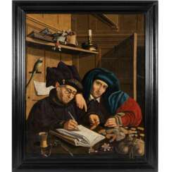 Peinture de collecteurs d`imp&ocirc;ts ou de publicains. Disciple de Marinus van Reymerswaele. Tour du XVIIeXVIIIe si&egrave;cle.