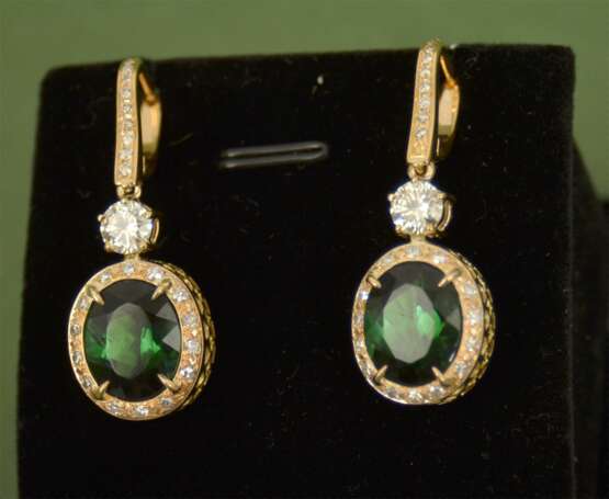 Gold earrings with diamonds and tourmalines Gold Other style 21th century - photo 1