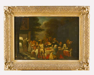 Dutch School 17. Century .Feasteng company in front of a noble house in landscape oil on canvas framed