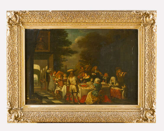 Dutch School 17. Century .Feasteng company in front of a noble house in landscape oil on canvas framed - photo 1