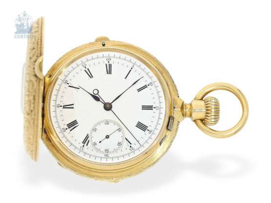 Taschenuhr: ausgefallene und technisch hochinteressante Prunk-Halbsavonnette mit Chronograph, Schweiz um 1870 - photo 4