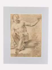 Black chalk drawing of a nude men looking upwards on paper on the reverse described G.Martino 1750 in Passepartout