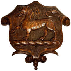 Carved Tiger Oak Heraldic Lion Shield