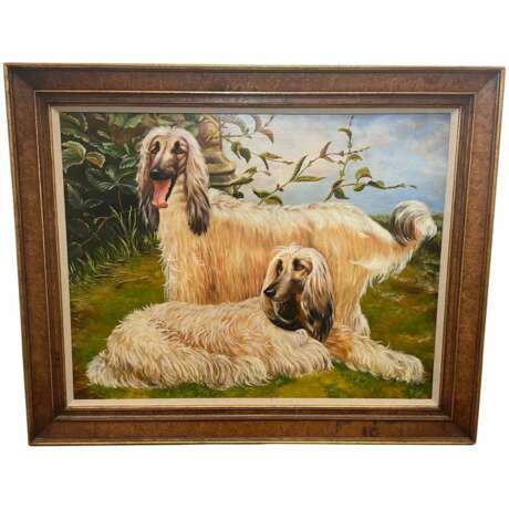 Portrait Afghan Hound Dogs Oil Painting Manrique Afghanistan Late 20th century - Foto 1