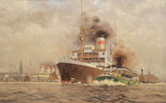Schmidt-Hamburg, Robert (1885 Berlin-1963 Laboe) "Blick in den Hamburger Hafen, im Vordergrund der Ozeanriese "General San Martin", Öl/ Lw., sign. u.r., 75x106 cm, Rahmen - фото 1