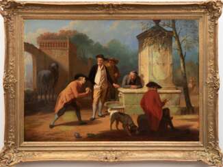 Somers, Louis (1813 Antwerpen-1880 ebenda) &quot;Beim Boccia-Spiel&quot;, Öl/ Holz, sign. u.r., 64x90 cm, Rahmen