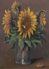 Italienischer Künstler 20. Jh. &quot;Sonnenblumenstrauß in Vase&quot;, Öl/ Sperrholzplatte, undeutl. sign. u.l., 50,5x34,5 cm, Rahmen