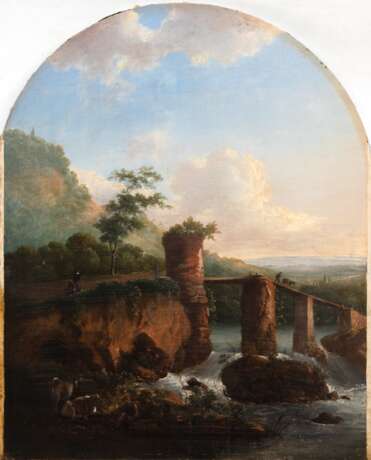 "Romantische Flußlandschaft mit Personenstaffage", vermutlich England um 1800, Öl/ Holz, unsign., 42x33,5 cm, ungerahmt - photo 1