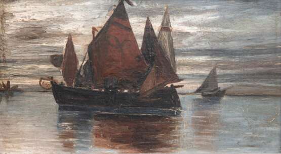 "Segelschiffe auf ruhiger See", Öl/ Mp., unsign., Farbverluste im unteren Bereich und an den Rändern, 16x26,5 cm, Rahmen - photo 1