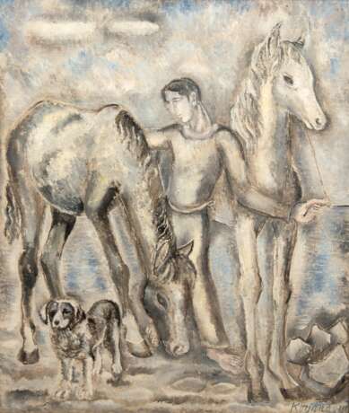 Koyanagui, Sei (1896 Sapporo/ Japan-1948) "Mann mit Pferden und Hund", Öl/ Lw., sign. u.r., 101x81 cm, Rahmen (Japanischer Tier- und Blumenmaler. Er studierte in Tokyo und lebte seit 1920 in Paris. Seine Darste… - Foto 1