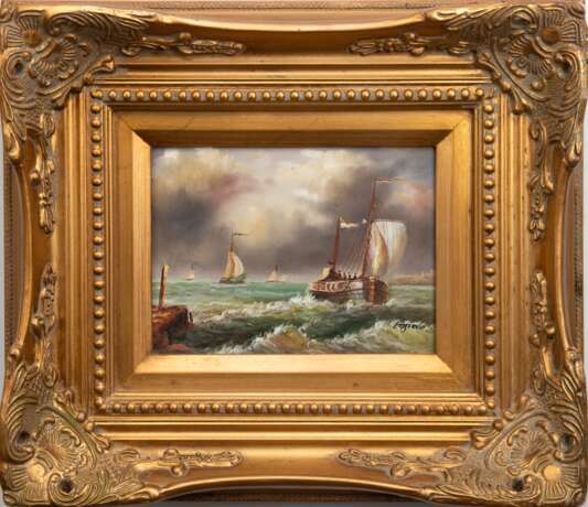 "Segelschiffe vor Küste bei aufkommendem Unwetter", Öl/ Lw., undeutl. sign. u.r., 15,5x20 cm, Rahmen - фото 1