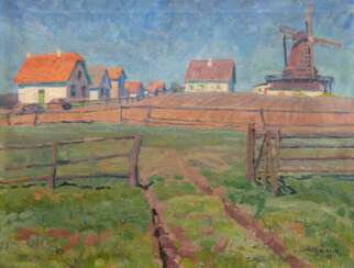 Volkwarth, Hugo (1888 Altona-1946 Thüringen) &quot;Windmühle in Meiendorf&quot;, Öl/ Lw., sign. u.r. und dat. ´12, 60x70,5 cm, Rahmen (Hamburger Landschaftsmaler, der zunächst bei A. Siebelist in Hamburg, danach an der …