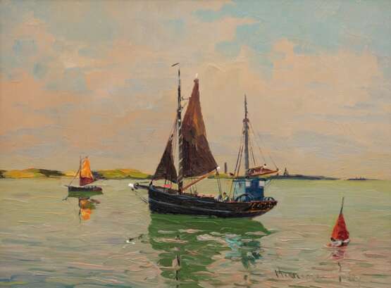 Mindermann, Heinz (1872 Bremen-1959 Norderney)"Abendstimmung-Fischerkutter vor Norderney", Öl/ Sperrholz, sign. mit Ortsangabe "Ndy" u.r., 30x40 cm, Rahmen (Marine- und Landschaftsmaler auf Norderney… - photo 1