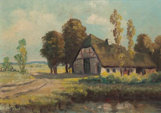 Stöver, Paula (1918 Bremen-1982 Worpswede) "Moorkate bei Worpswede"Öl/ Hartfaser, sign. u.l., 31x39,5 cm, Rahmen - Foto 1