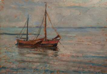 Volkwarth, Hugo (1888 Altona-1946 Thüringen) &quot;Zwei Segelboote auf ruhiger See&quot;, Öl/ Karton, rückseitig &quot;Fischkutter&quot;, sign. u.l. und dat. ´24, 32x42 cm, Rahmen (Hamburger Landschaftsmaler, der zunächs…