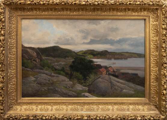 Freydank, Carl Daniel (1811 Berlin-1887 Strausberg) "Felsige Küstenlandschaft mit Segelbooten vor Anker", Öl/ Lw., sign. u.l. und dat. ´55, 52x80 cm, Rahmen - Foto 1