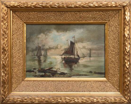 "Segelschiffe in der Abendsonne", Öl/ Lw./ Holz, unsign., 18x27 cm, Rahmen - photo 1